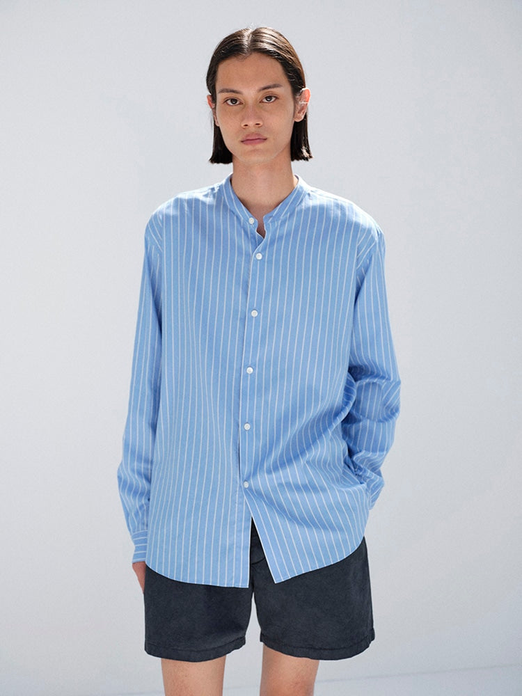 COTTON SILK STRIPE STAND COLLAR SHIRT - SAX BLUE STRIPE