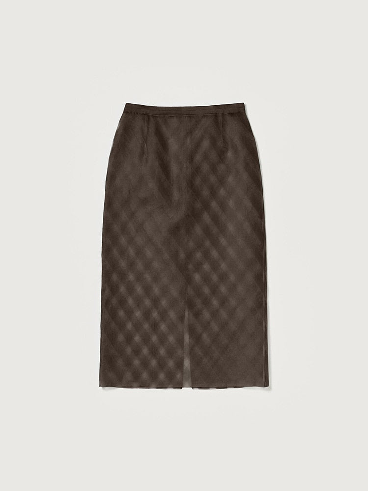 SHEER SILK COTTON CUT JACQUARD PENCIL SKIRT - DARK BROWN