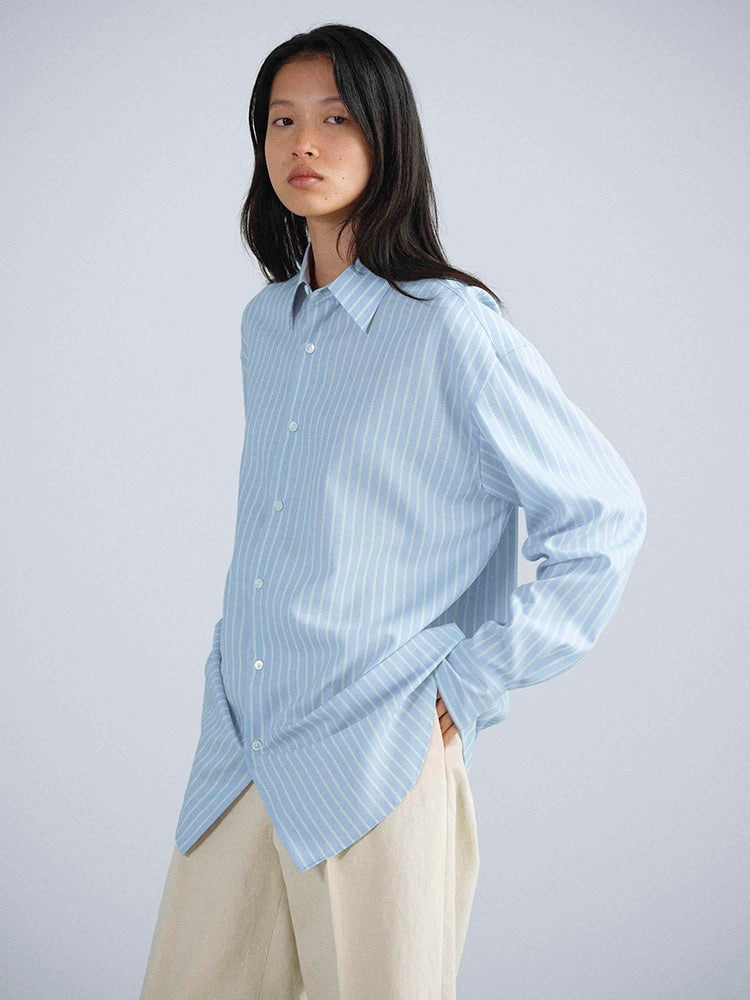 SUPER FINE WOOL STRIPE SHIRT - SAX BLUE LIME STRIPE