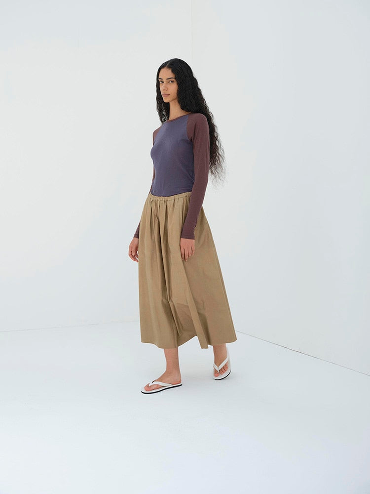 FINE BABY CALF GATHER SKIRT - KHAKI BEIGE