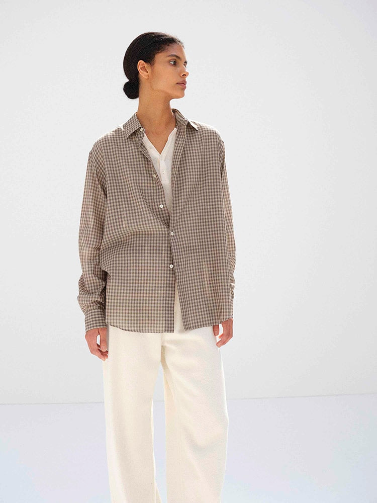 AIRY LIGHT COTTON CHECK SHIRT - BROWN GINGHAM CHECK