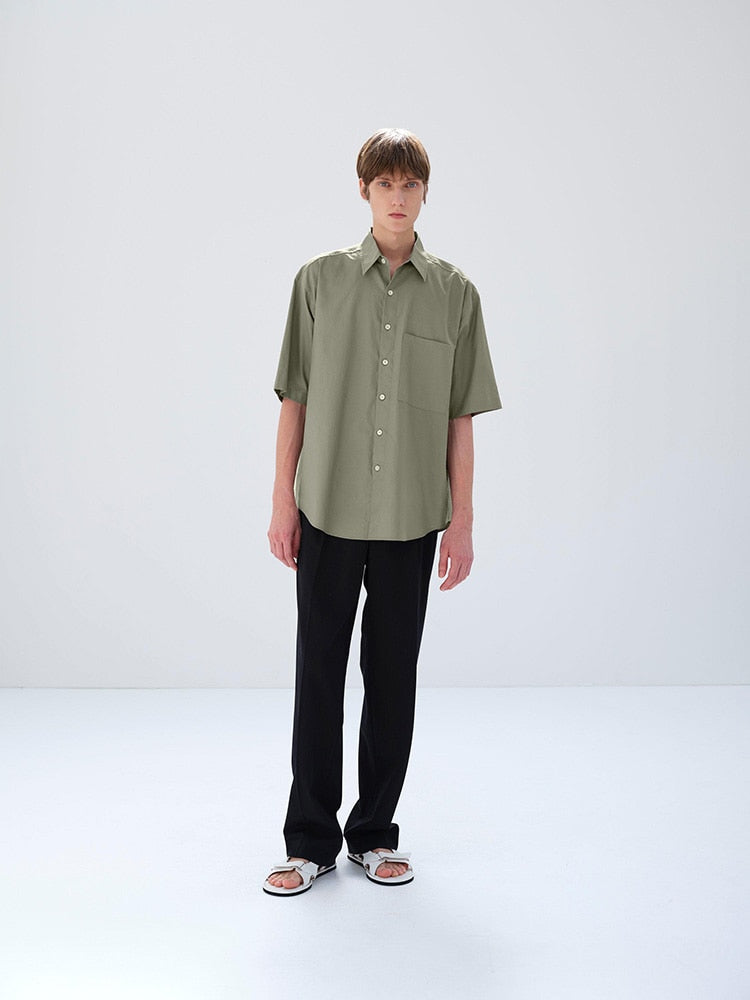 WASHED FINX TWILL BIG HALF SLEEVED SHIRT - OLIVE