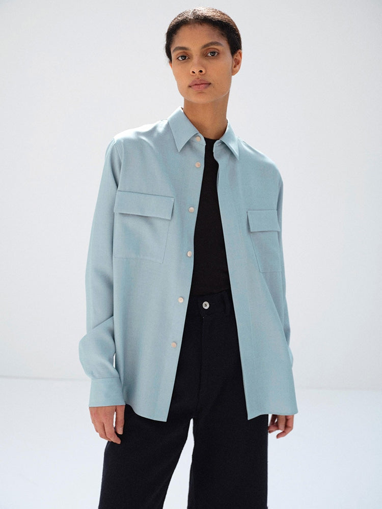 WOOL HERRINGBONE OVERSHIRT - DUSTY BLUE