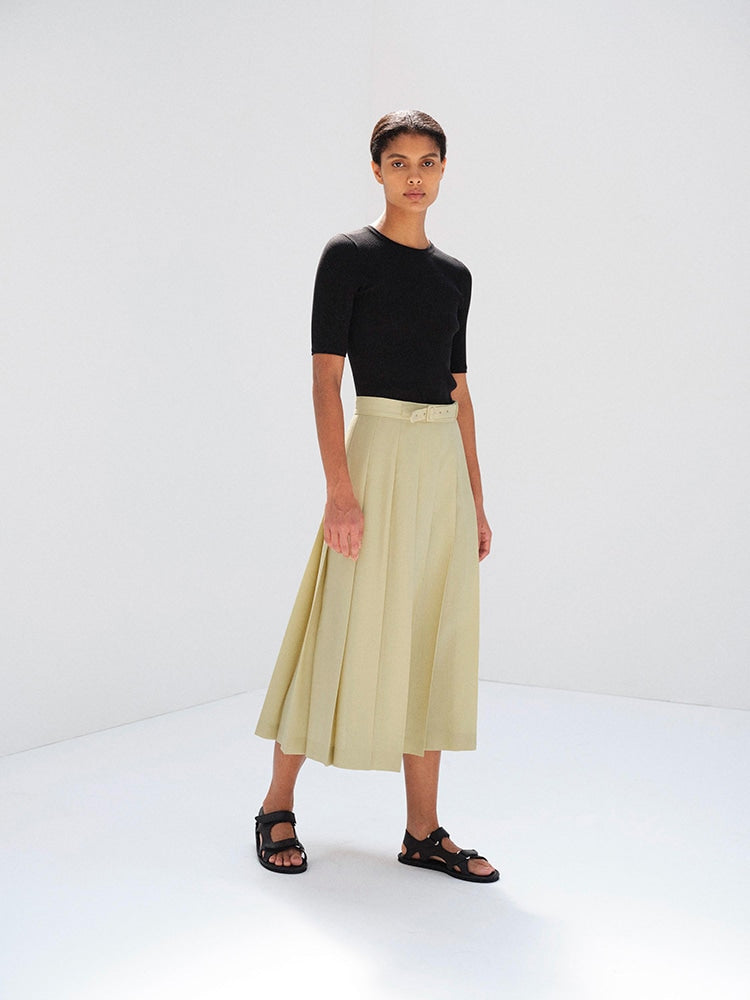 WOOL KID MOHAIR HOPSACK PLEATED SKIRT - DUSTY BEIGE