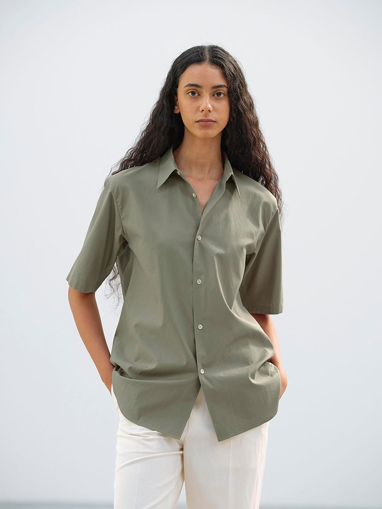 WASHED FINX TWILL HALF SLEEVED SHIRT - OLIVE