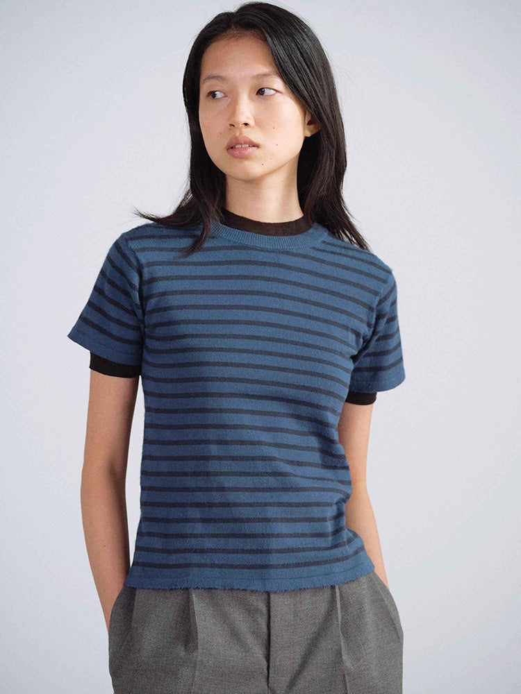 HIGH GAUGE COTTON KNIT TEE - BLUE NAVY STRIPE