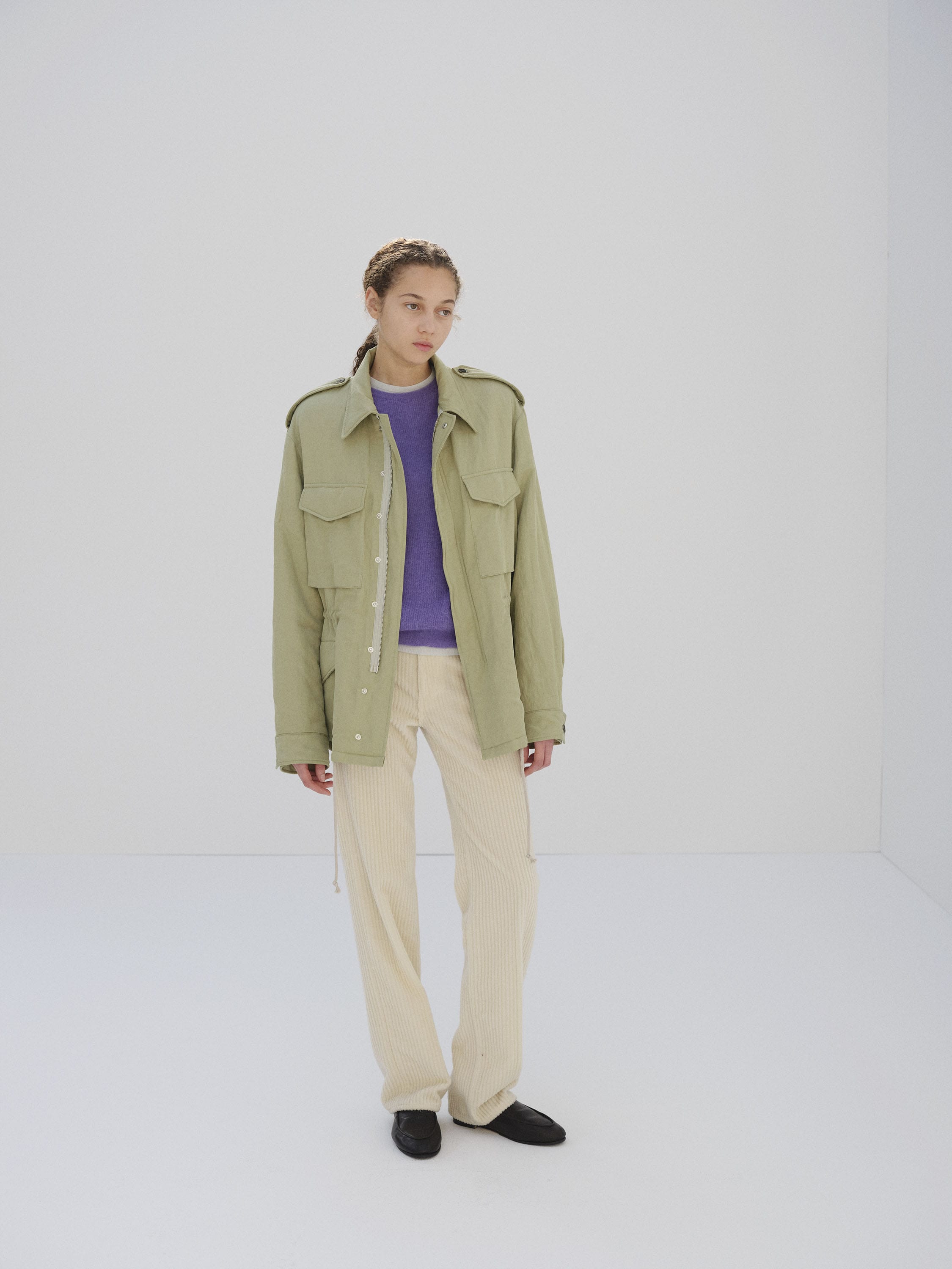 BRUSHED SILK LINEN SATIN PADDED MILITARY BLOUSON