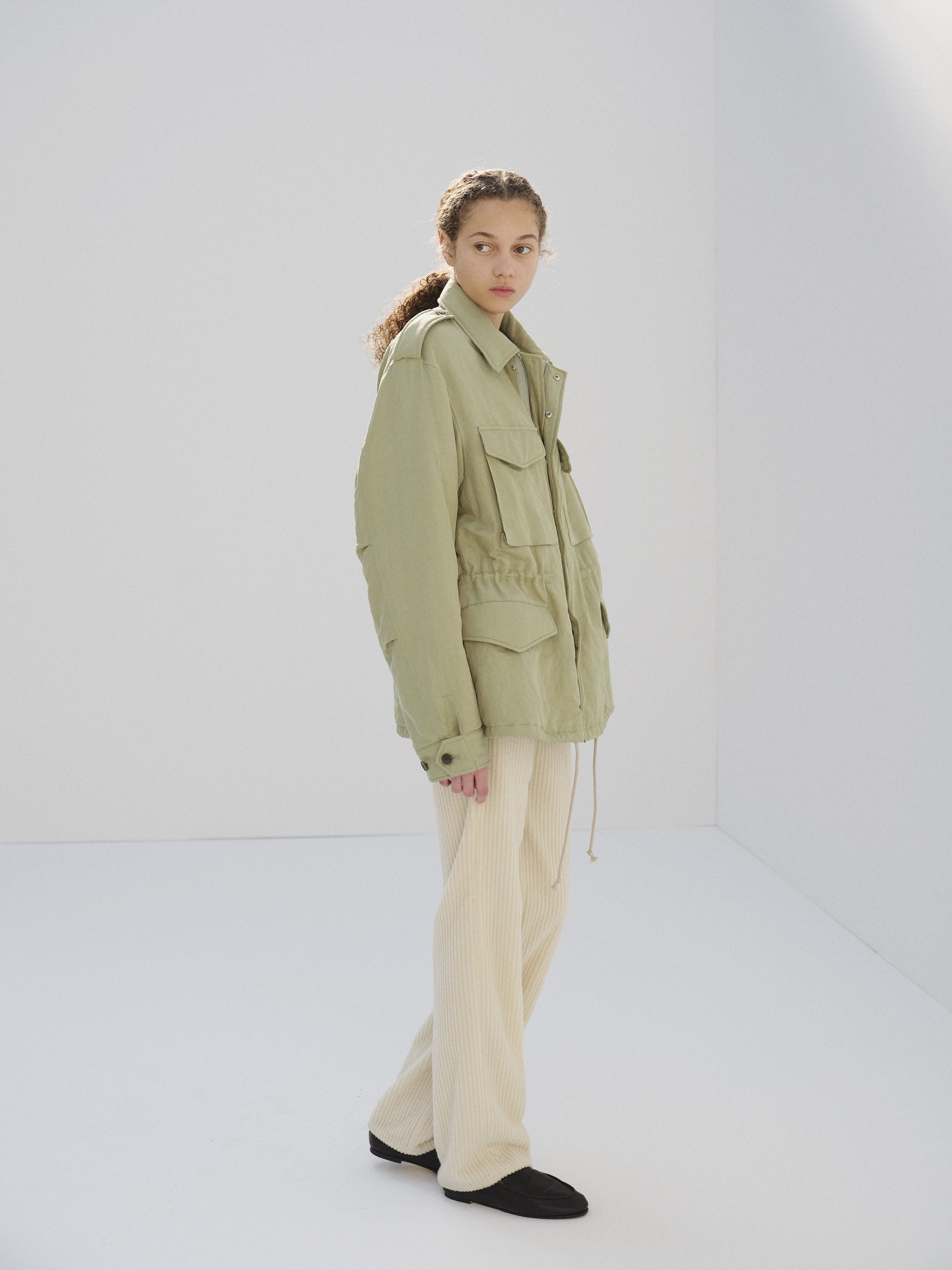 BRUSHED SILK LINEN SATIN PADDED MILITARY BLOUSON