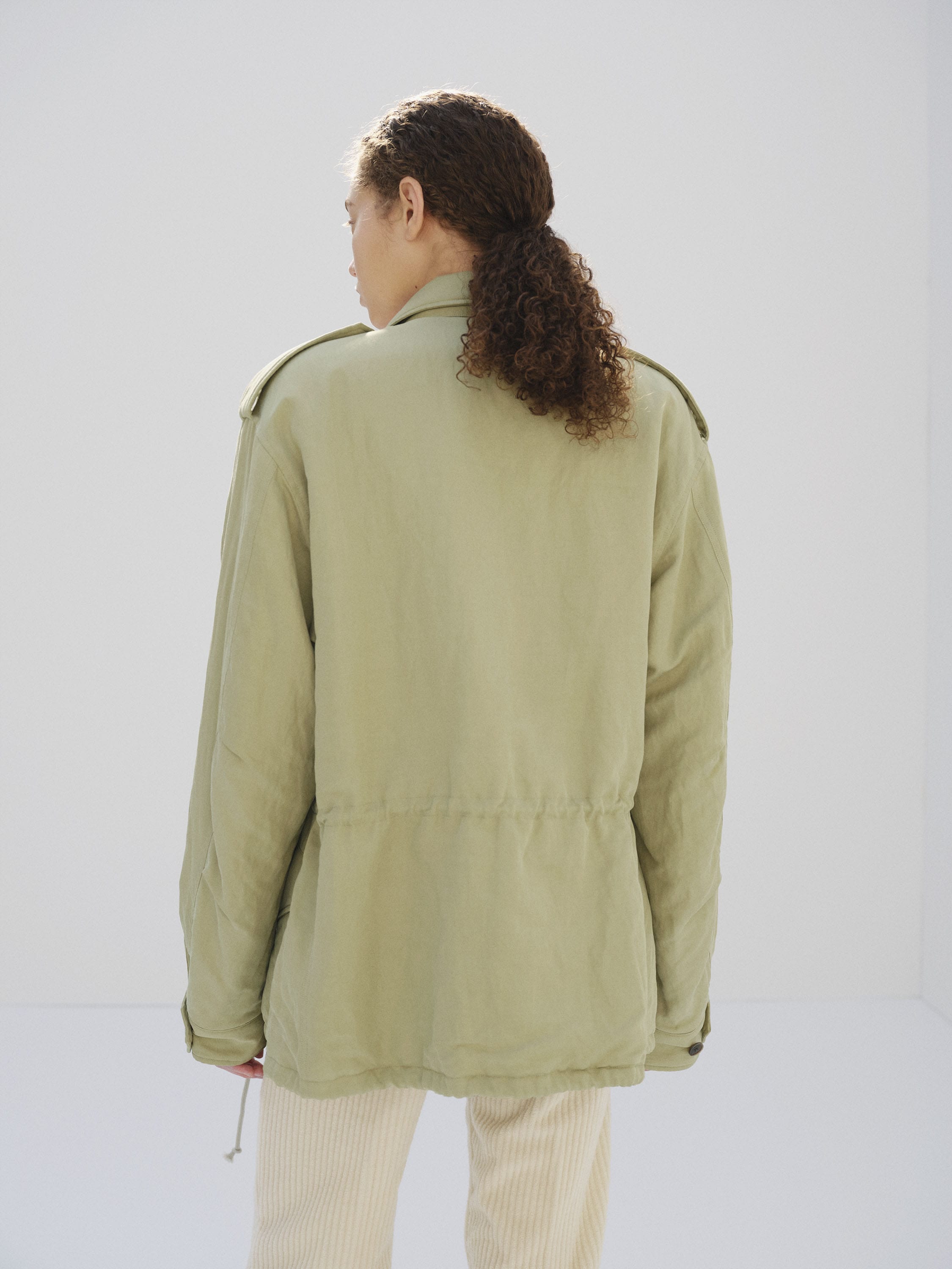 BRUSHED SILK LINEN SATIN PADDED MILITARY BLOUSON