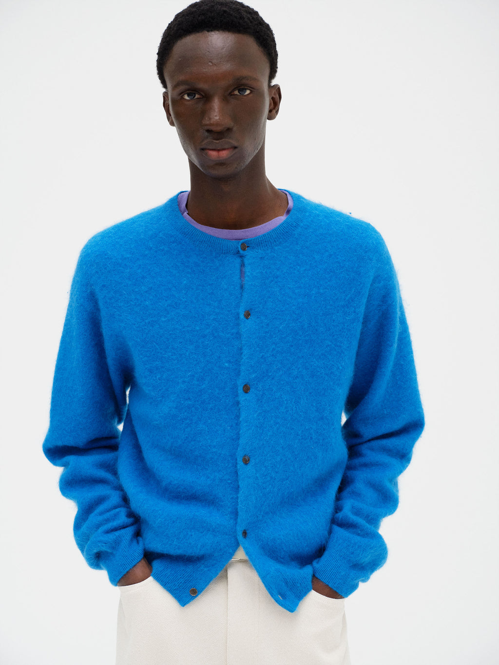 GARMENT-DYED BABY ALPACA FUR KNIT CREW-NECK CARDIGAN