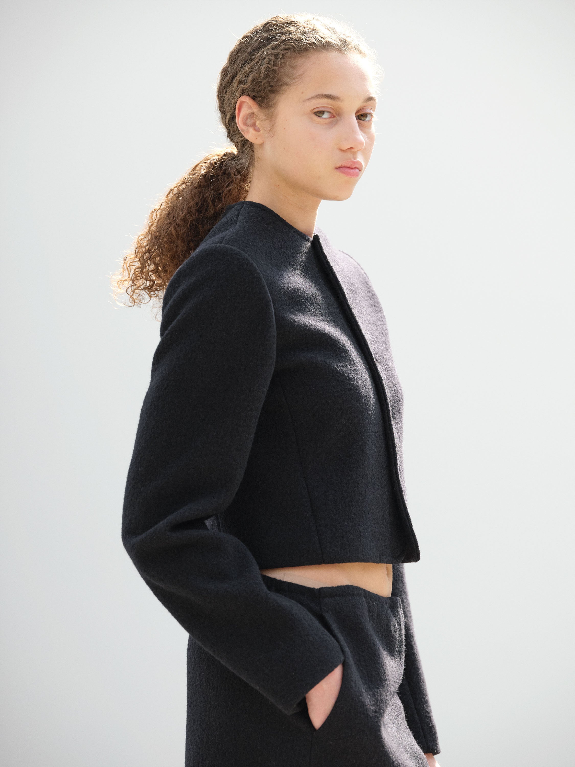 HEAVILY FULLED WOOL COTTON COLLARLESS JACKET