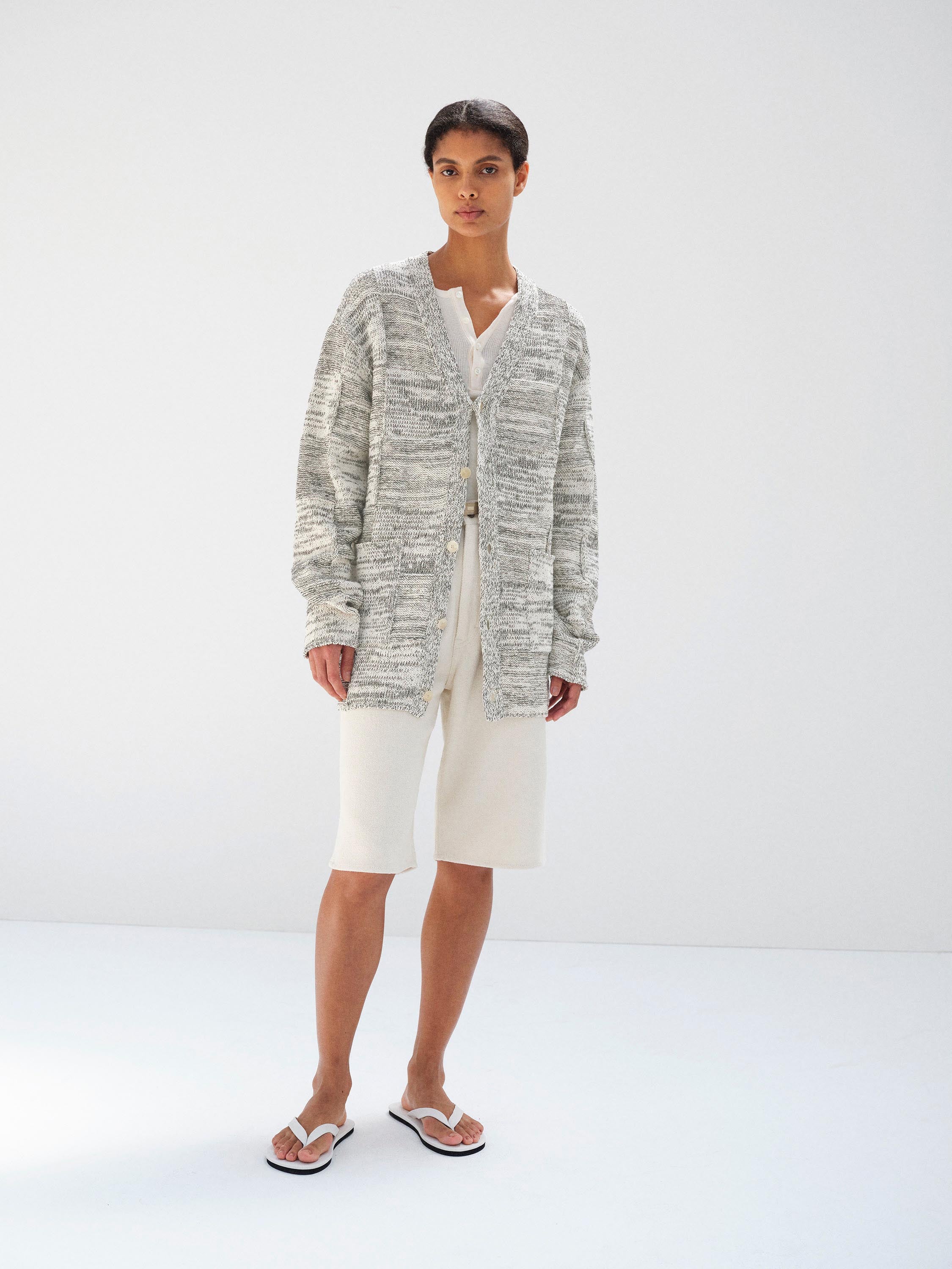 STRUCTURED COTTON LINEN PANEL KNIT CARDIGAN