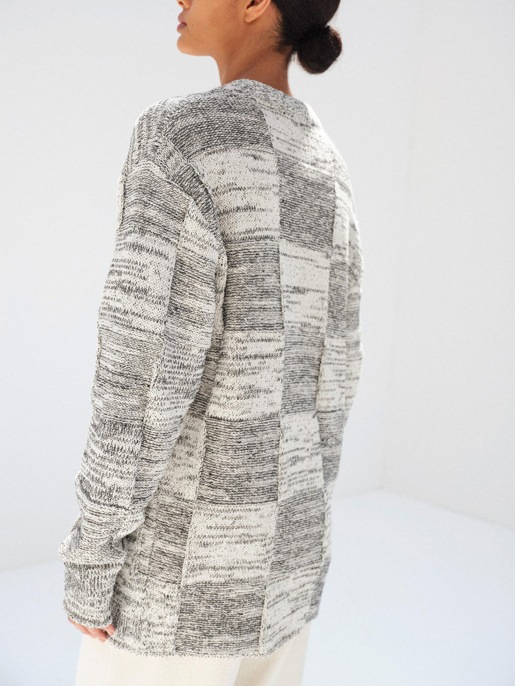 STRUCTURED COTTON LINEN PANEL KNIT CARDIGAN