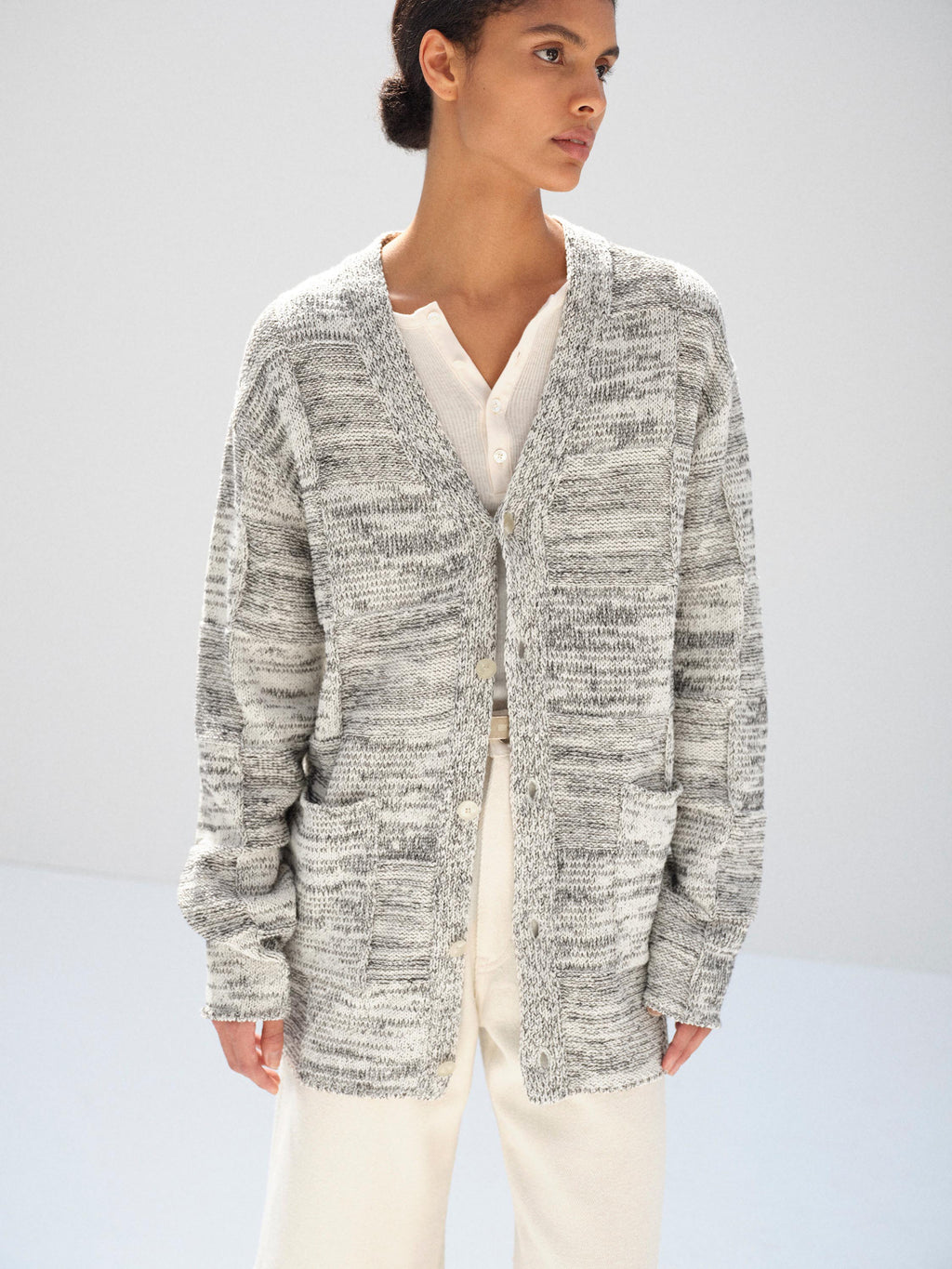 STRUCTURED COTTON LINEN PANEL KNIT CARDIGAN