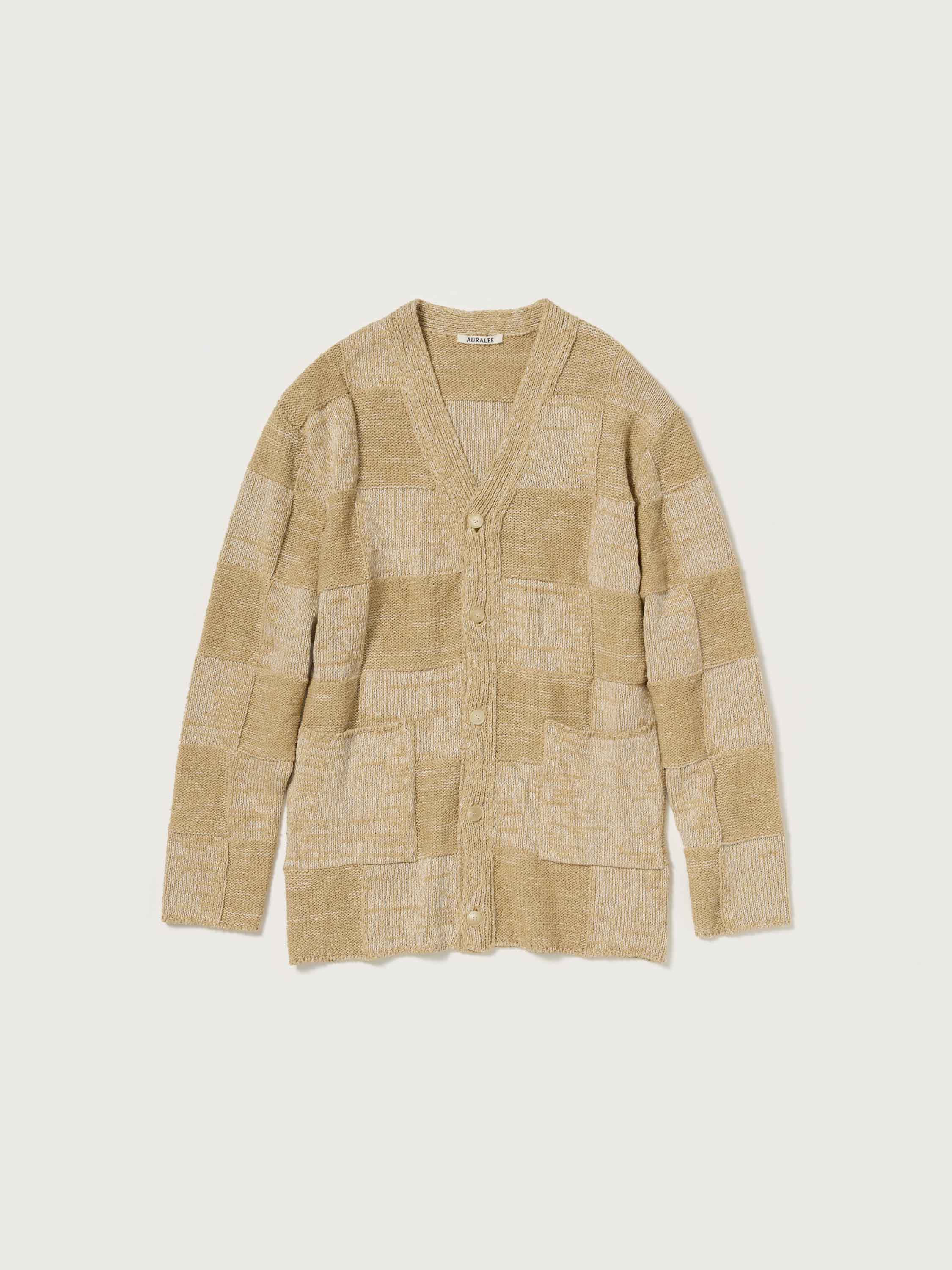 STRUCTURED COTTON LINEN PANEL KNIT CARDIGAN - BROWN &times; BEIGE
