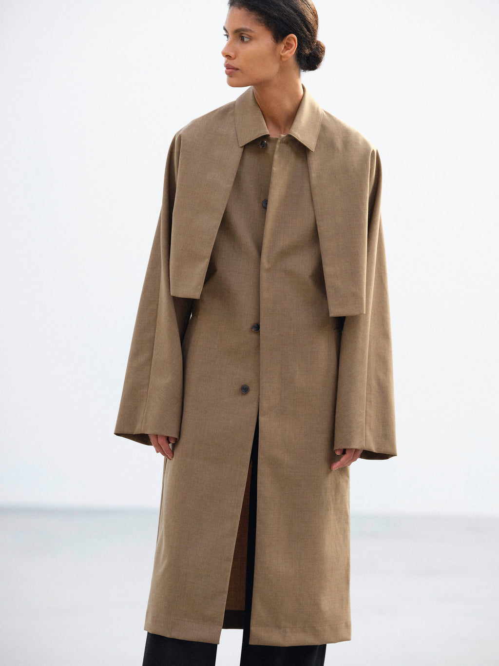 BONDED TROPICAL WOOL LAYERED SOUTIEN COLLAR COAT