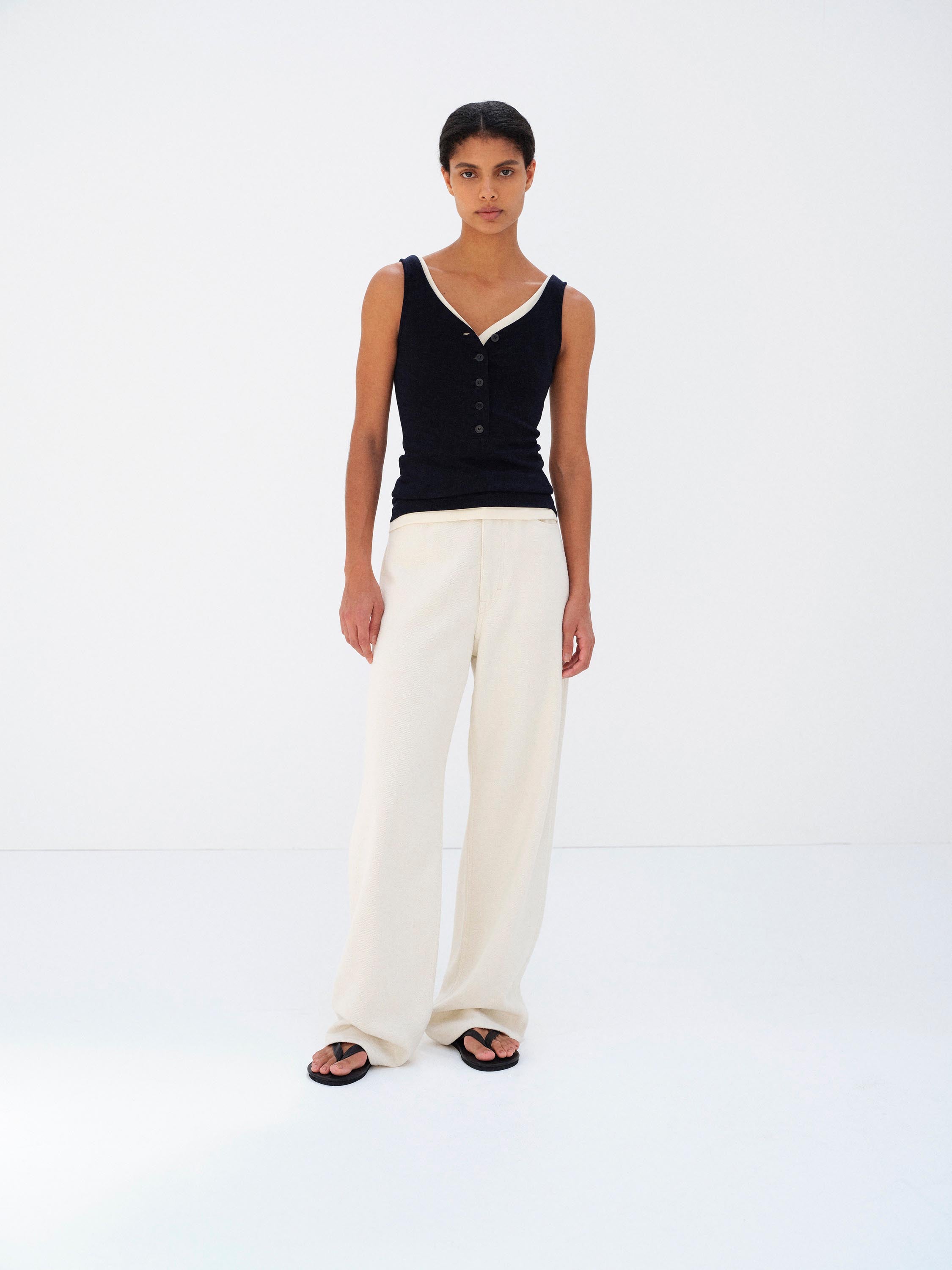 SILK NEP DENIM 5P WIDE PANTS