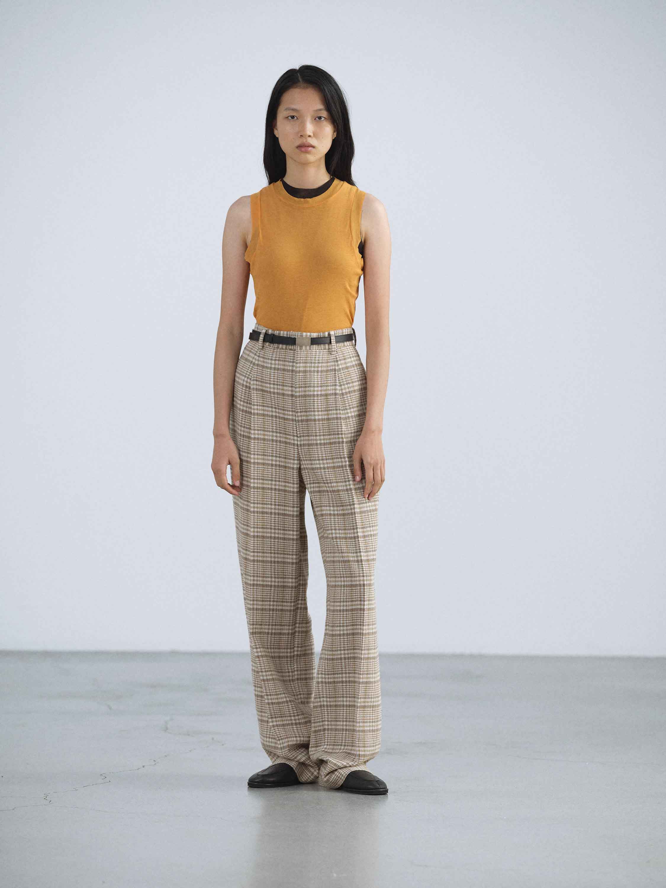 SILK LINEN NEP CHECK ONE-TUCK SLACKS
