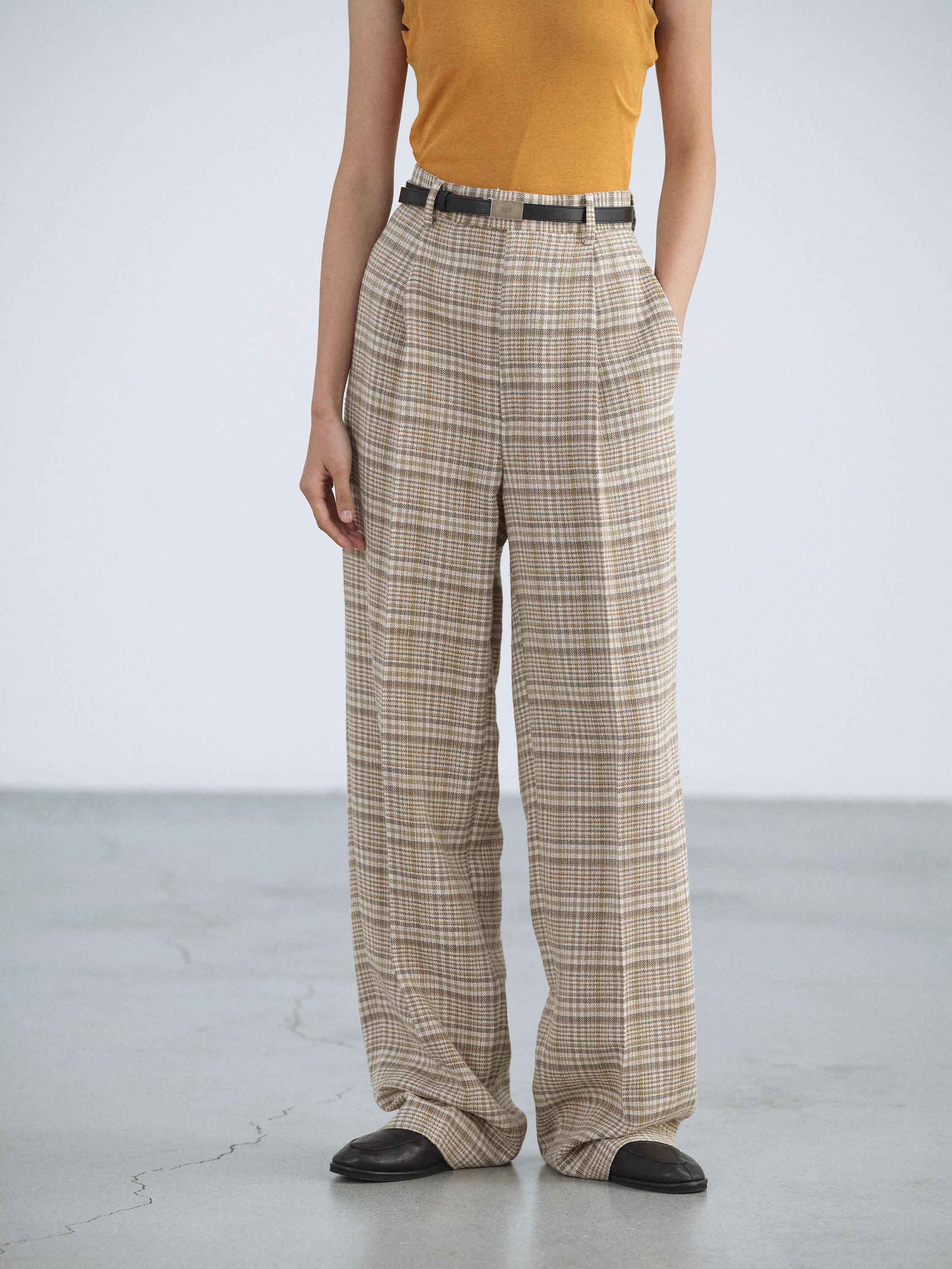 SILK LINEN NEP CHECK ONE-TUCK SLACKS