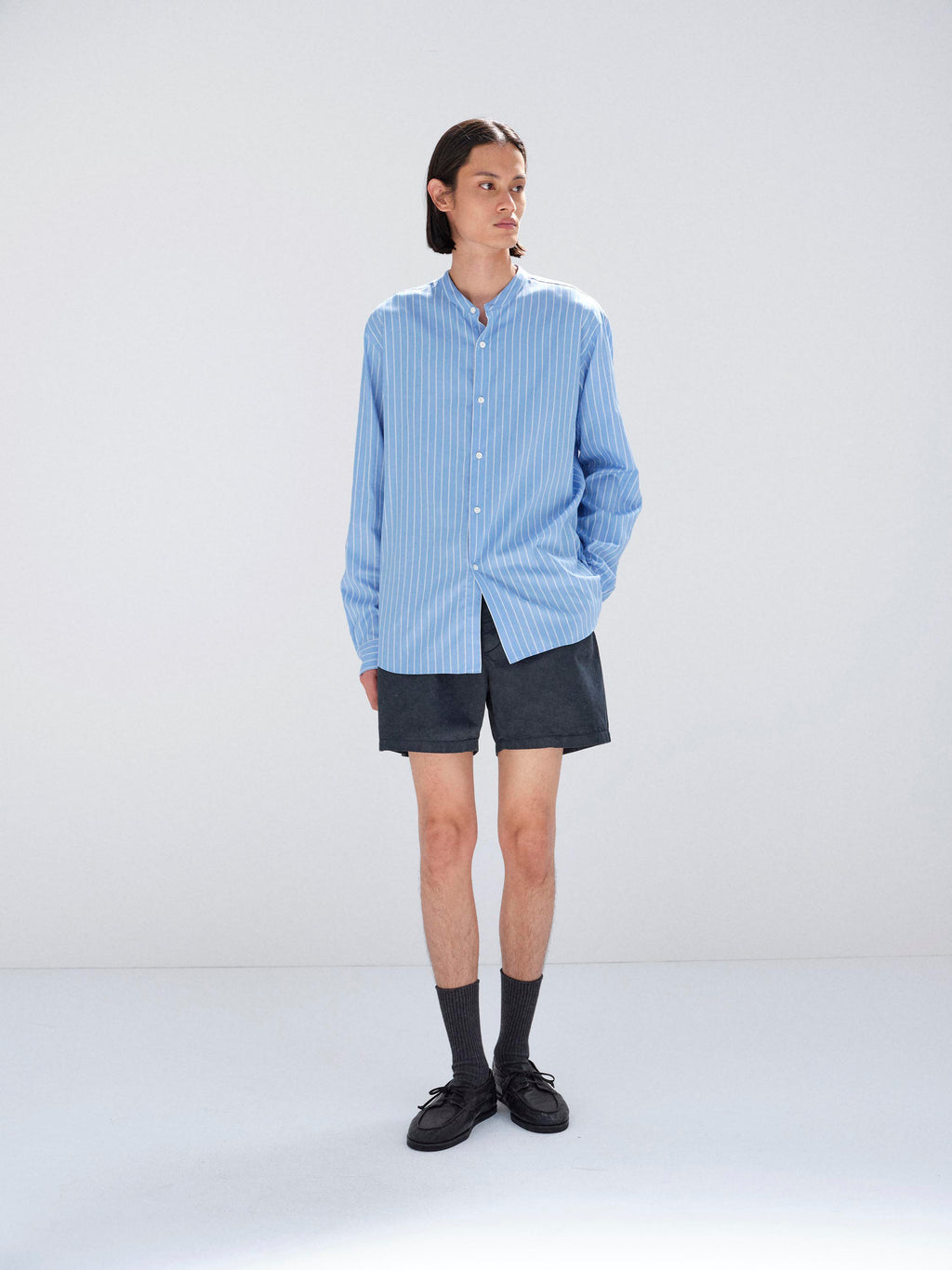 COTTON SILK STRIPE STAND COLLAR SHIRT