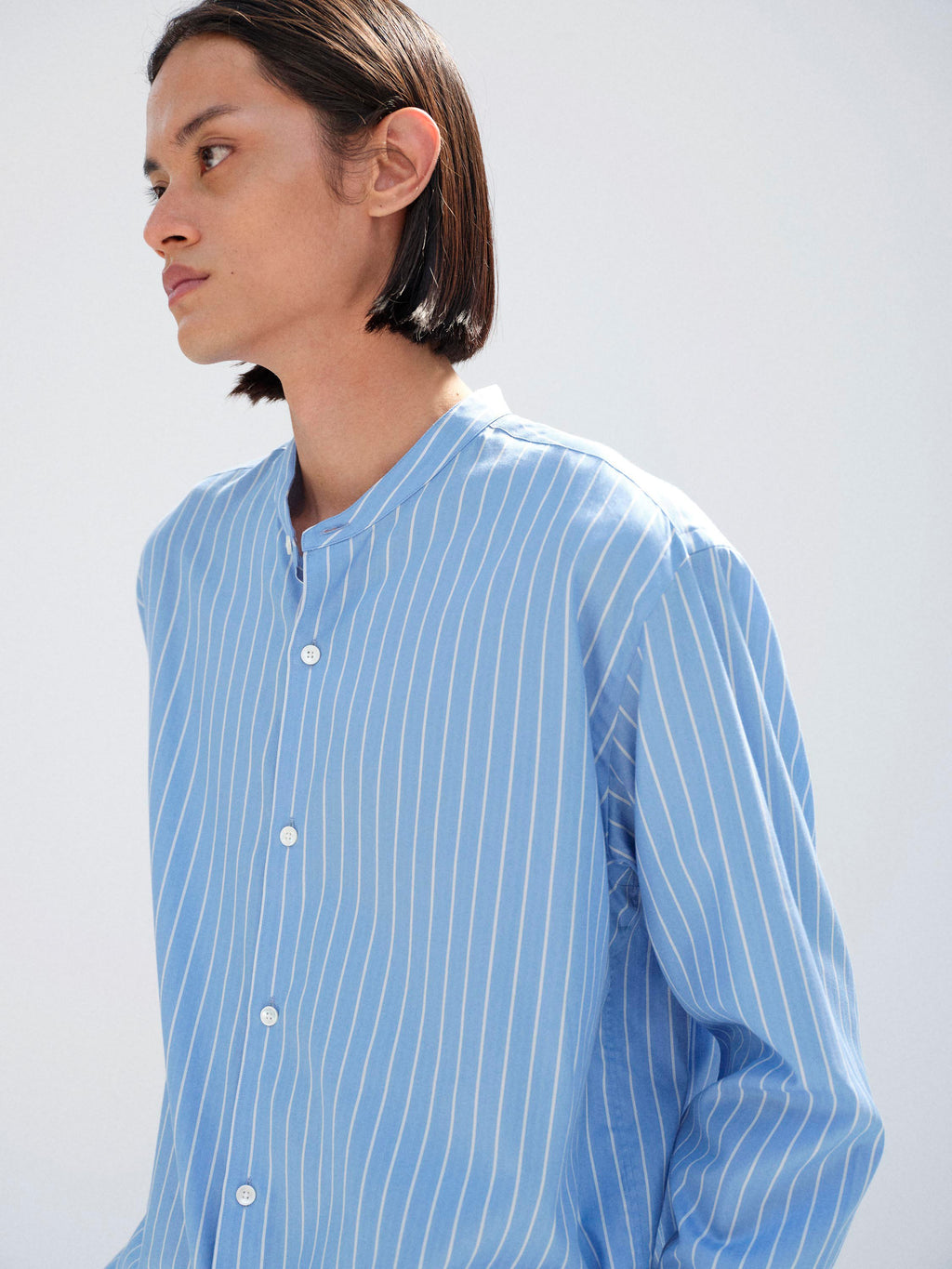 COTTON SILK STRIPE STAND COLLAR SHIRT