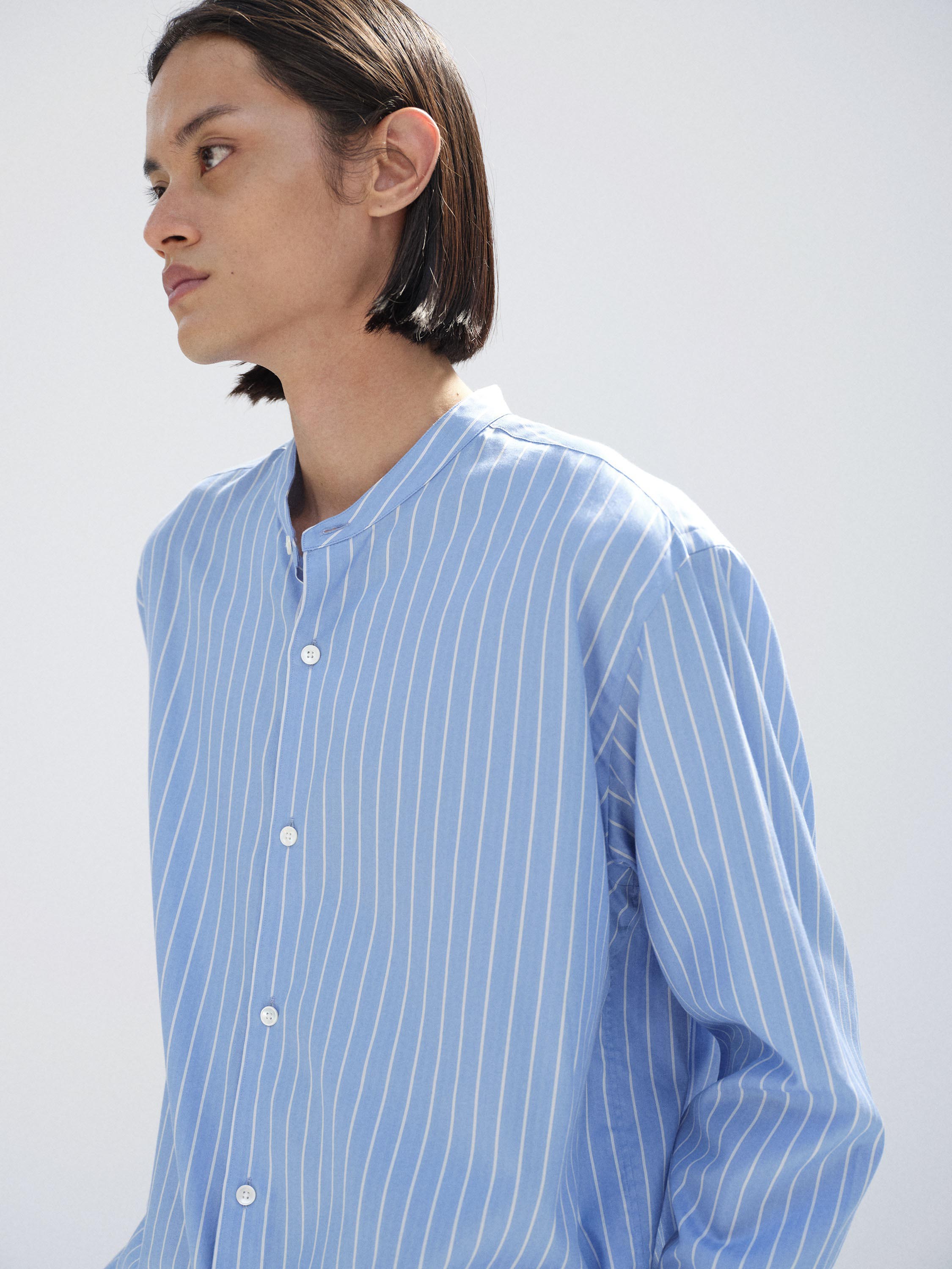 COTTON SILK STRIPE STAND COLLAR SHIRT