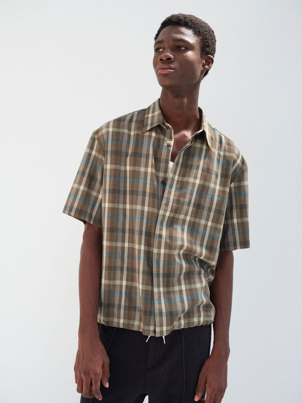 SUPER FINE TROPICAL WOOL CHECK HALF-SLEEVED SHIRT