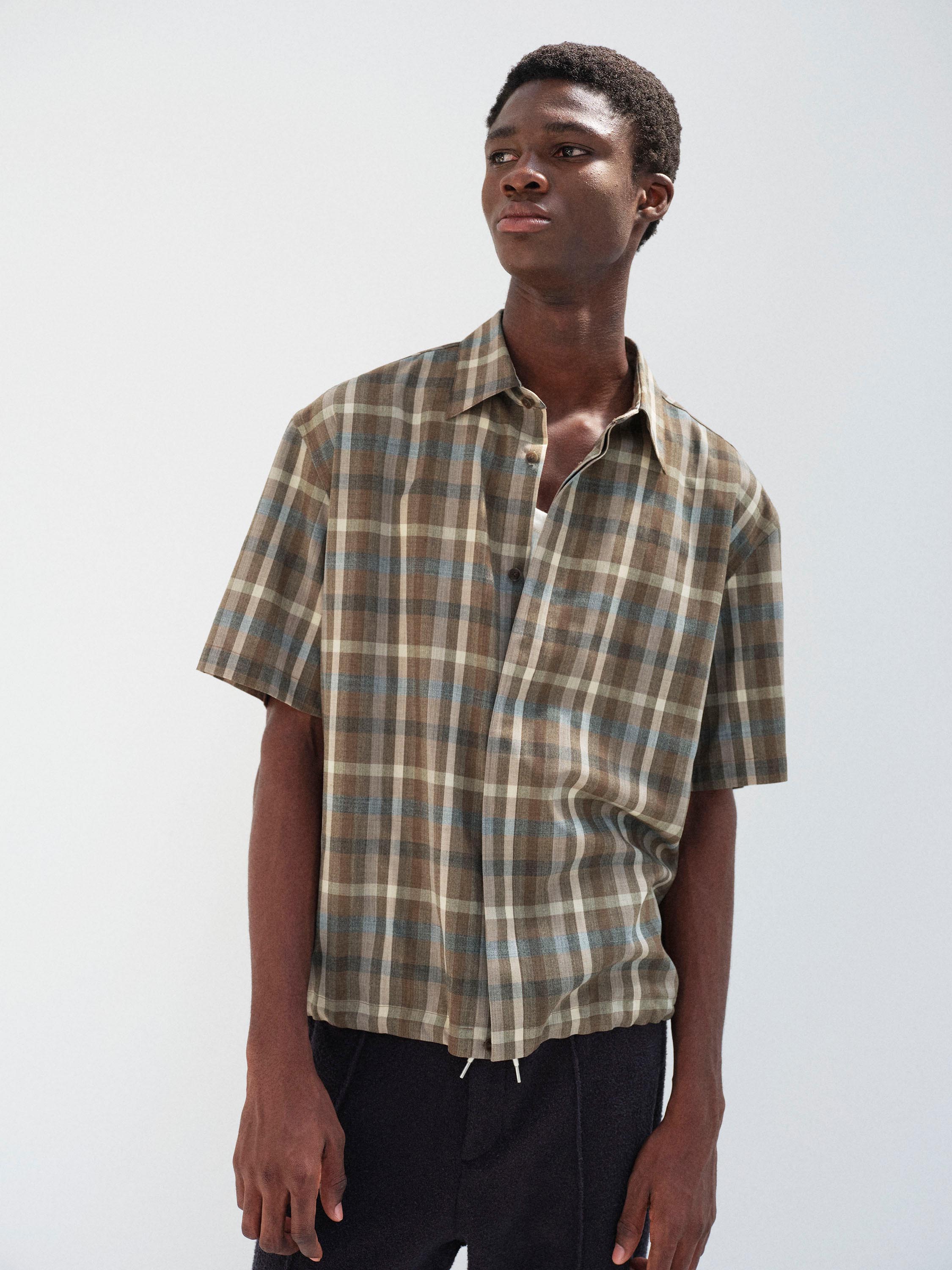 SUPER FINE TROPICAL WOOL CHECK HALF-SLEEVED SHIRT