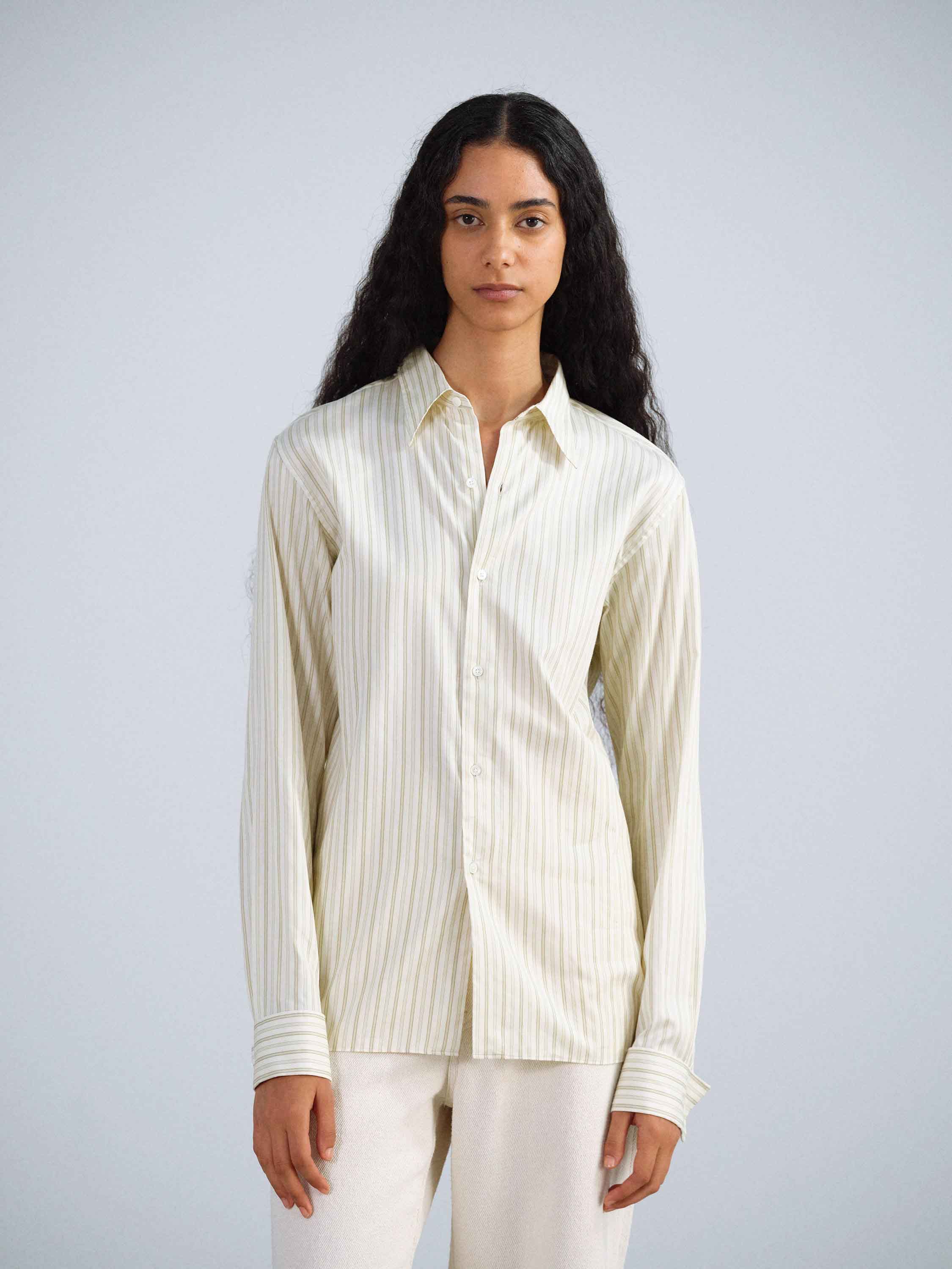 COTTON SILK STRIPE DOUBLE-CUFF SHIRT