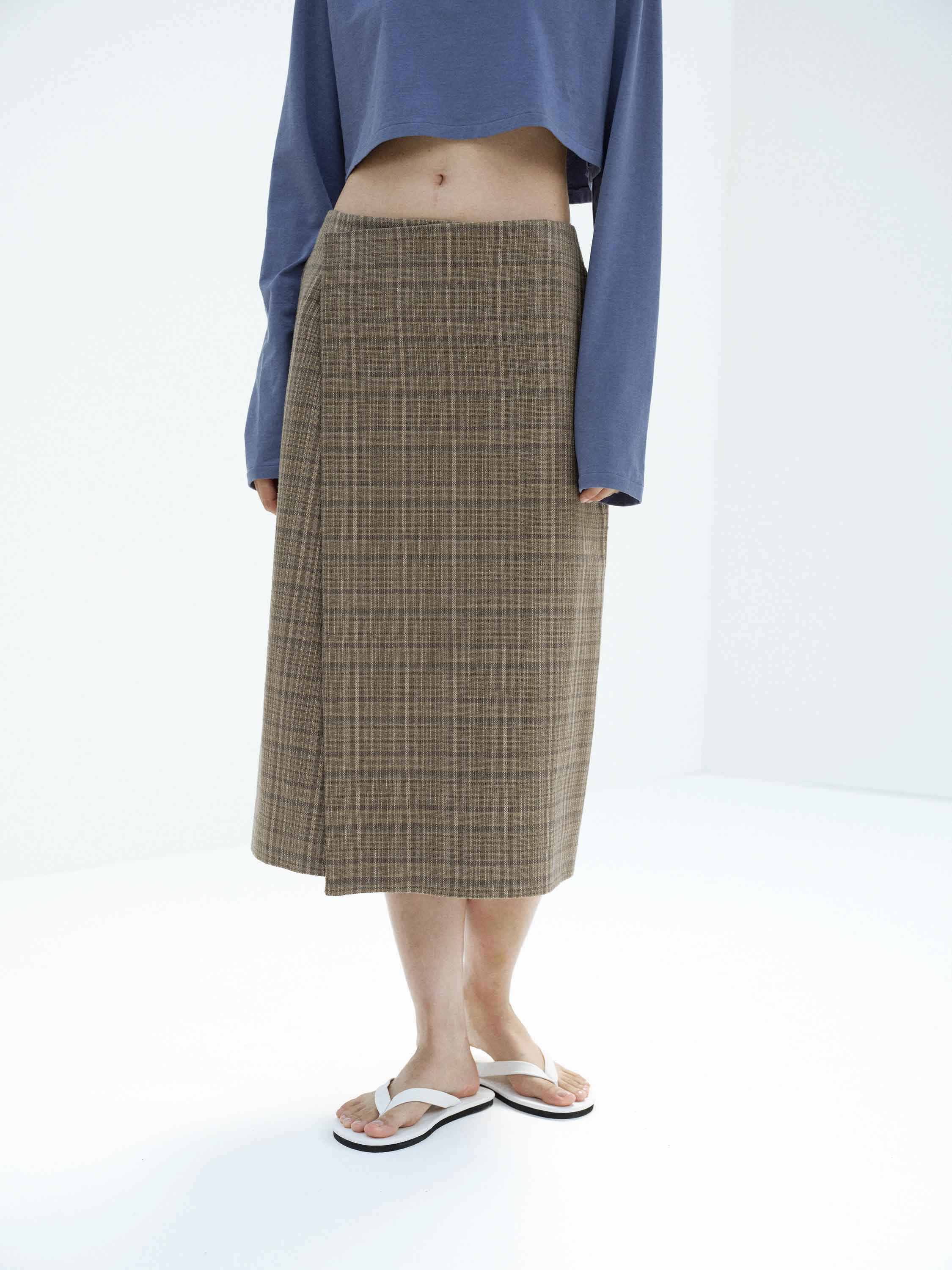SILK LINEN NEP CHECK WRAP SKIRT